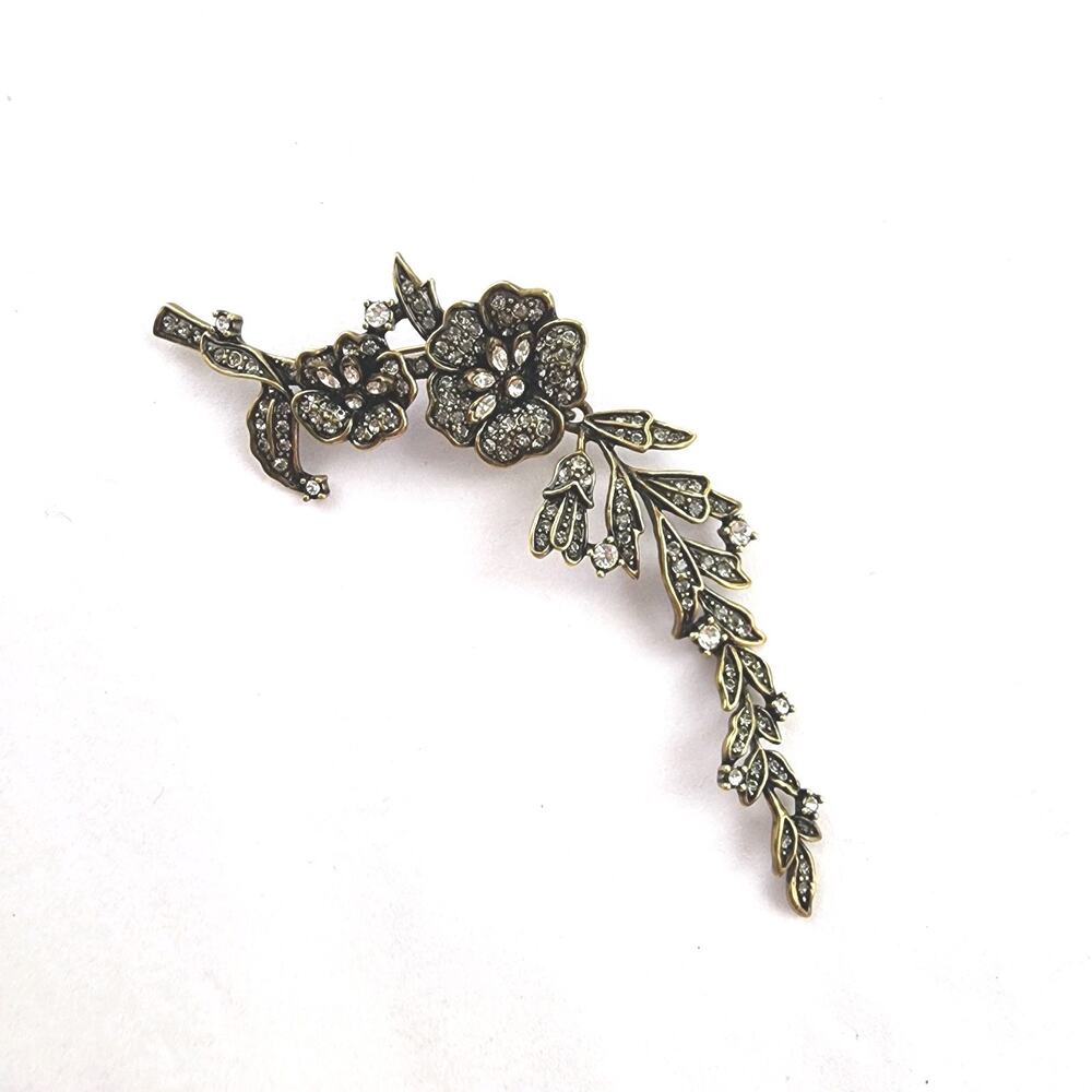 RARE Heidi Daus PETAL‎ PASSION FLOWERS BROOCH PIN Crystals Bronze Floral Branch